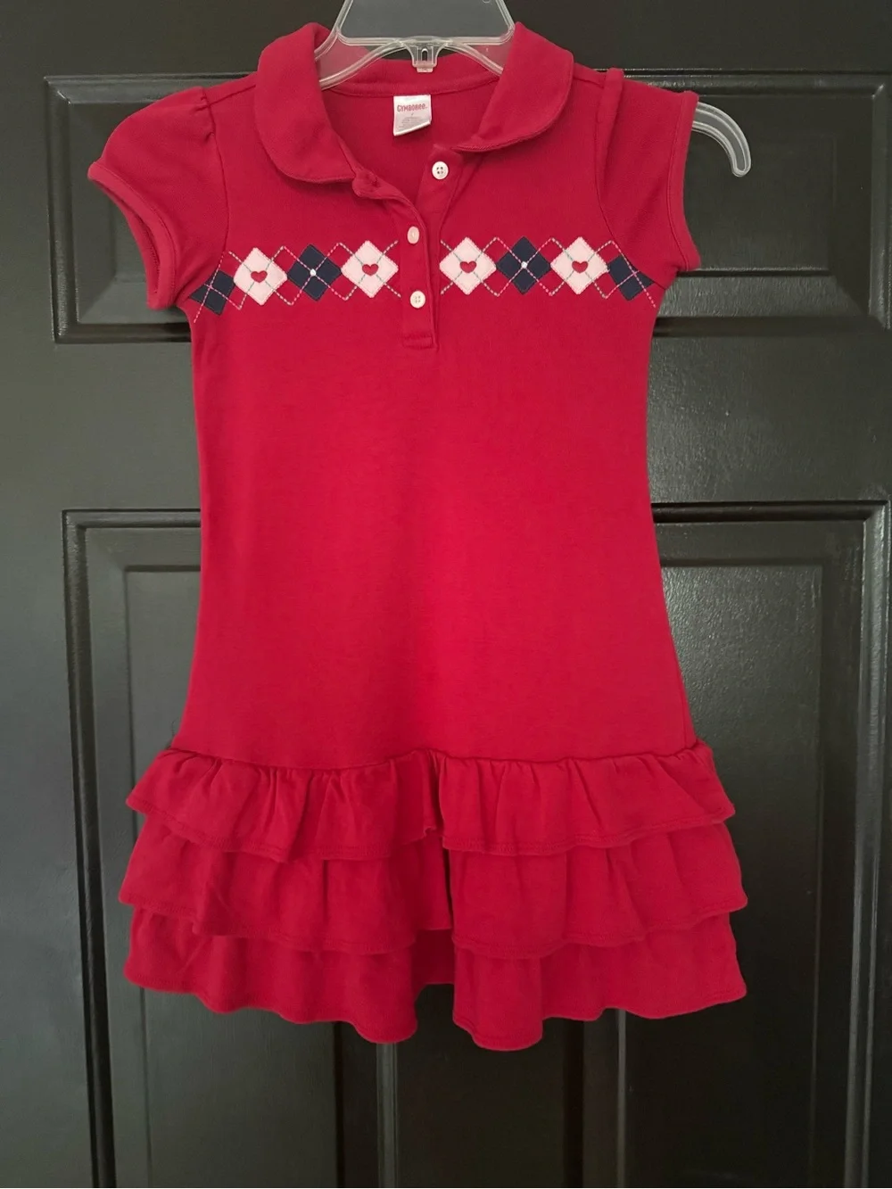 Gymboree New York Girl & Puppy School Red Argyle Polo Dress Tiered Ruffle Hem 7